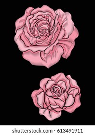 Rose flower for embroidery in botanical illustration style on a black background. Stock vector illustration. 