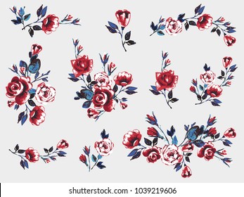 Rose flower embroidery patch, vintage roses vector illustration. Watercolor floral border for graphic design. Flowers isolated on white background