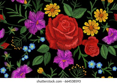 Rose flower embroidery texture seamless pattern. Red field flower herb textile print neckline traditional decoration ornate vector illustration on black background art
