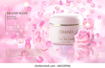 Rose flower extract cosmetic ads template, realistic 3D illustration skincare moisturizing mockup elegant glow bokeh background flying petal. Promoting vip luxury promo poster