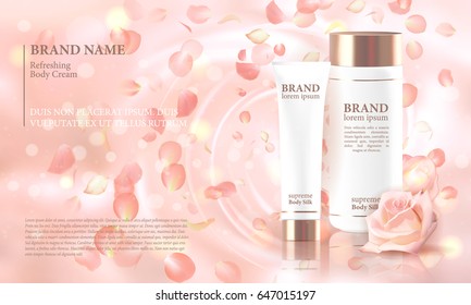 Rose flower extract cosmetic ads template, realistic 3D illustration skincare moisturizing mockup elegant glow bokeh background flying petal. Promoting vip luxury promo poster