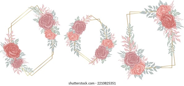 rose flower frame with gold geometric watercolor decoration