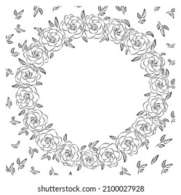 Marco floral de rosa para invitaciones de boda o tarjeta Marco floral de Cute , verde garland para la tarjeta de San Valentín, invitaciones de boda, vectores dibujados a mano, ilustraciones aisladas en fondo blanco
