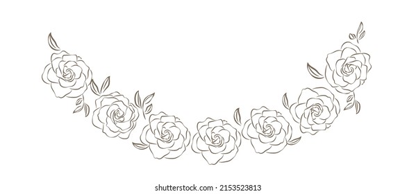 Rose flower frame for wedding invitations or card ,Hearts floral frame , greenery garland for Valentines day card, wedding invitations, hand drawn vector ilustration, isolate on white backgrond