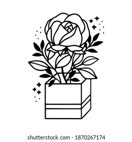 Rose flower, gift box, package, vase, leaf branch line art illustration element for icon, logo, symbol, wedding invitation card, beauty product, feminine brand, coloring book, and template decoration