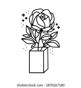 Rose flower, gift box, package, vase, leaf branch line art illustration element for icon, logo, symbol, wedding invitation card, beauty product, feminine brand, coloring book, and template decoration