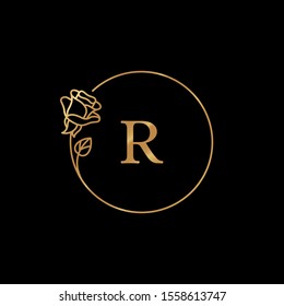 Rose Flower gold frame. Round Icon in trendy minimal linear style.  