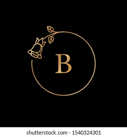 Rose Flower gold logo frame with copy space. Badge and icon in trendy linear style. Vector Emblem with letter B and Rosebud. Template for logo cosmetics, beauty Studio, hairdresser, nail Studio