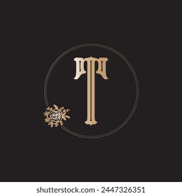 Rose Flower gold logo frame with copy space. Badge and icon in trendy linear style. Vector Emblem with letter A and Rosebud. Template for logo cosmetics, beauty Studio, hairdresser, nail Studio