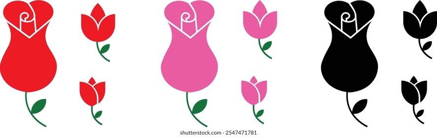 Rose flower with green leaf icons set black pink and red vector collection flat and line symbol isolated on transparent background. Simple rose blossom nature gardening love Valentine's day theme sign