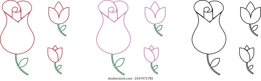 Rose flower with green leaf icons set black pink and red vector collection flat and line symbol isolated on transparent background. Simple rose blossom nature gardening love Valentine's day theme sign