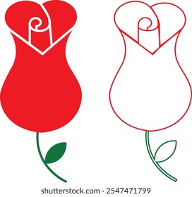 Rose flower with green leaf icons set red vector collection flat and line symbol isolated on transparent background. Simple rose blossom nature gardening love Valentine's day theme sign