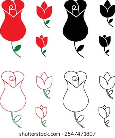 Rose flower with green leaf icons set black and red vector collection flat and line symbol isolated on transparent background. Simple rose blossom nature gardening love Valentine's day theme sign