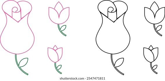 Rose flower with green leaf icons set black pink vector collection flat and line symbol isolated on transparent background. Simple rose blossom nature gardening love Valentine's day theme sign