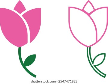 Rose flower with green leaf icons set pink vector collection flat and line symbol isolated on transparent background. Simple rose blossom nature gardening love Valentine's day theme sign