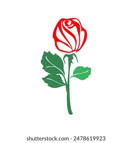 Rose flower with green leaves, vector illustration isolated on white background