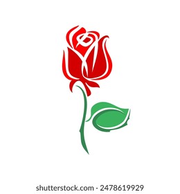 Rose flower with green leaves, vector illustration isolated on white background