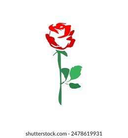 Flor de rosa con hojas verdes, Ilustración vectorial aislada sobre fondo blanco