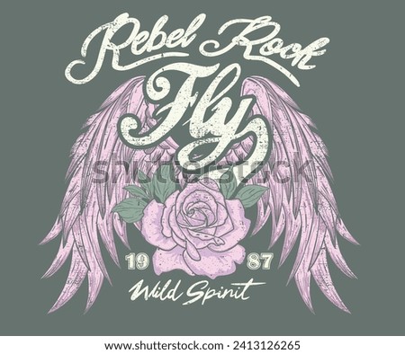 Rose flower with guitar music poster. Music world tour. Rock and roll vector graphic print design for apparel, stickers, posters, background and others. Fly eagle wing. 