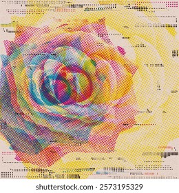 Rose flower halftone CMYK screen defect printing with risograph printing texture and printing ink stained on old paper square background graphic illustration have blank space.