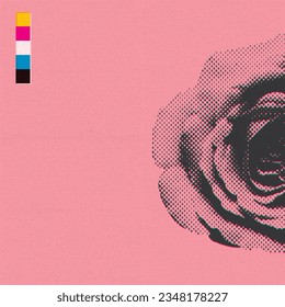 Rose flower halftone screen CMYK colors overlap transparent with riso print effect vector illustration on pink background have blank space. Valentine's day greeting card template.