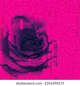 Los colores CMYK de la pantalla de semitonos de flor rosa se superponen de forma transparente con efecto de impresión de riso ilustración vectorial en el fondo de choque rosa tienen espacio en blanco. Plantilla de tarjeta de saludo de San Valentín.