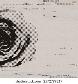 Rose flower halftone screen with risograph printing texture and printing ink stained on old paper square background graphic illustration have blank space.