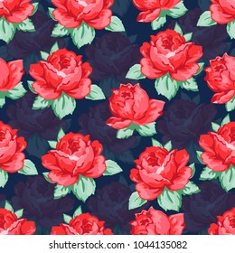 Rose flower hand drawing seamless pattern, vector floral background, floral embroidery ornament. Drawn buds red rose flower and leaves on dark blue backdrop. For fabric design, wallpapers, decorating