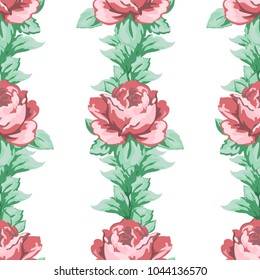 Rose flower hand drawing seamless pattern, vector floral background, floral embroidery ornament. Drawn buds pink rose flower and leaves on white backdrop. For fabric design, wallpapers, decorating