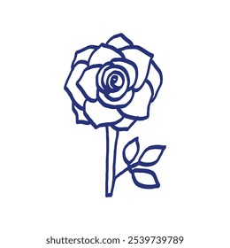 Rose flower. Hand drawn sketch. Blue pen or marker drawing. Primitive kids picture.