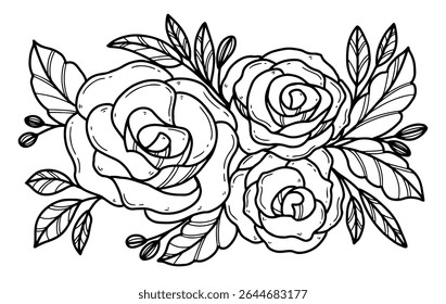 Rose flower hand drawn tattoo, black ink outline vector, Invitation design, wedding, black and white