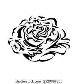 Rose flower head black contour silhouette isolated on white. Single blooming bud, stencil style. Vector clipart and png for wedding and holiday design and print, tattoo, emblem, laser engraving.