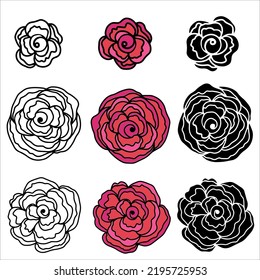 Rose flower head clip art set. Floral botanical flower. Hand drawn ink art. Isolated rose illustration element isolated on white.