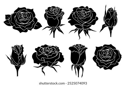 Silhueta preta de cabeças de flor de rosa isolada no branco. Diferentes botões de flor e fechamento, desenho de mão, estilo de estêncil. Clipart vetor e png para casamento e design de férias e impressão, tatuagem.