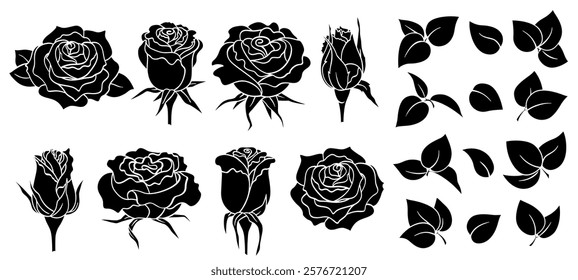 Rose flower heads and leaves set, black silhouette isolated on white. Hand drawn different blooming and close buds, stencil style. Vector clipart and png for wedding and holiday design and print.