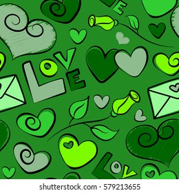 Rose flower, hearts and love text seamless pattern in green colors. Valentines day vector sketch. Creative, luxury style good for printing, fabric, textile or wrapping paper.