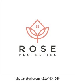 Rose Flower, House Building and Leaves for Property and Real Estate with Luxury Logo