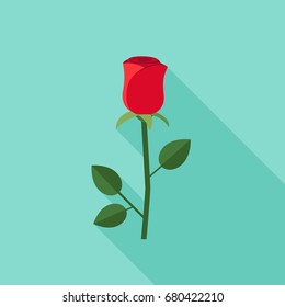 Rose flower icon in flat style. Vector simple illustration of red rose with long shadow.