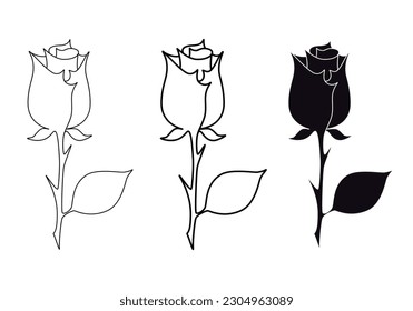 Rose flower icon isolated on white background. Thin, thick line and flat icon style. Universal rose image for logo, embroidery, tatoo, card, bridal invitation or other use. Vector illustration. Set
