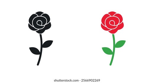 Rose flower icon set in black and colored