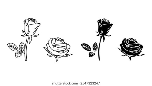 Conjunto de iconos de flores de rosa dibujado a mano