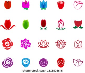Rose Flower Icon Set - Isolated On White Background - Vector. Collection Of Flat Rose Flower Logo. Simple Flower Icons For Tulip Template, Spa Label, Floral Logo, Wellness And Blooming Rose Icon
