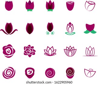 Rose Flower Icon Set - Isolated On White Background - Vector. Collection Of Flat Rose Flower Logo. Simple Flower Icons For Tulip Template, Spa Label, Floral Logo, Wellness And Blooming Rose Icon