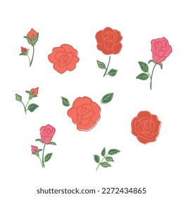 Rose flower icon set, Vector hand drawn doodle illustration. 