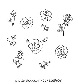 Rose flower icon set, Vector hand drawn doodle illustration. 