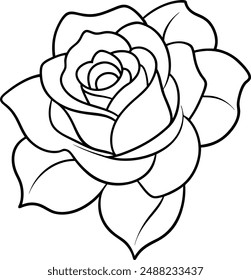 Rose flower illustration, line pattern. Vector artwork. Coloring book page.