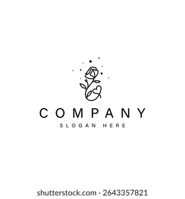 rose flower illustration logo with love symbol in abstract outline line art design style