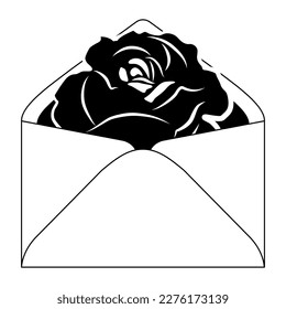 Rose flower inside paper envelope. Creative floral design. Love message. Black and white silhouette.
