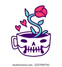 Rose flower inside a skeleton mug, illustration for t-shirt, sticker, or apparel merchandise. With doodle, retro, and cartoon style.