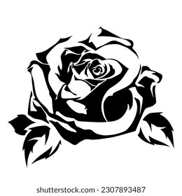 Rose flower isolated on a white background. Tattoo design. Vector black silhouette